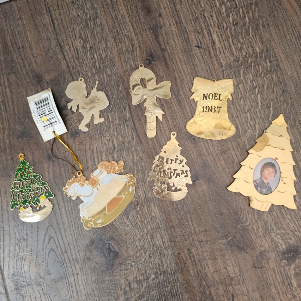 Vintage brass Christmas ornaments flat metal